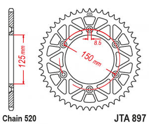 Aluminijasti zadnji verižnik (zobnik) JT 52T, 520 Rdeč